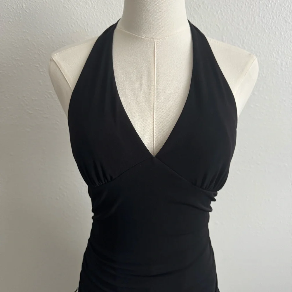 !SOLD! Vintage Y2K Black White Zebra Stretchy Halter V Neck Tiered Skirt Dress - Picture 2 of 9